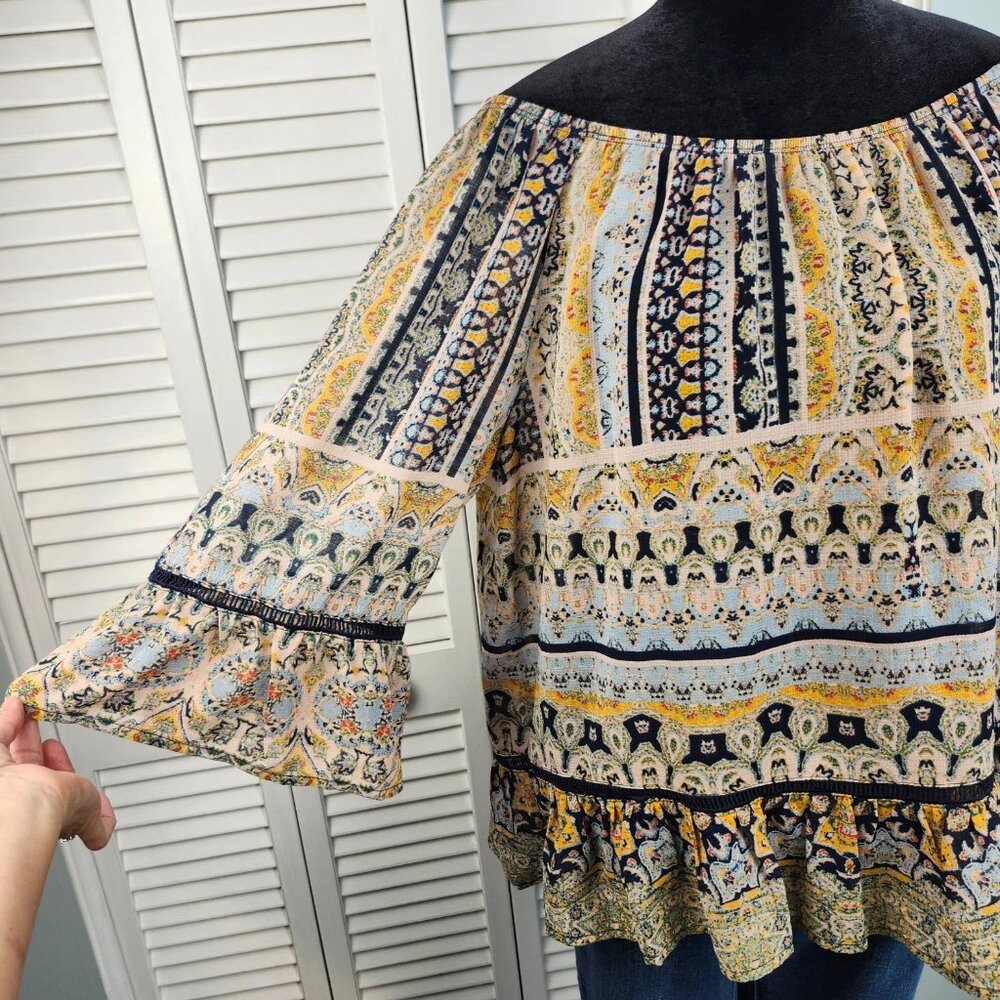 Democracy Boho Off Shoulder Top L Bell Sleeve Flowy Semi Sheer Embroidered Trim - Picture 3 of 11